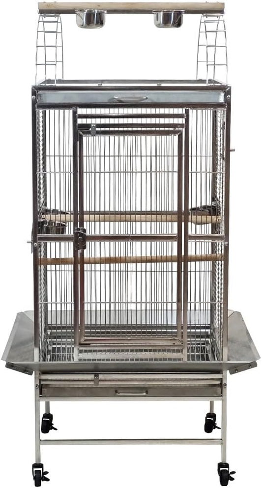 Large parrot cage with Stand, Stainless steel, and Feeding bowl with doors, 153 cm Top play bird cage for Macaw, Cockatoo, and medium to large birds, Indoor-outdoor use, Tray and Wheels (Grey)