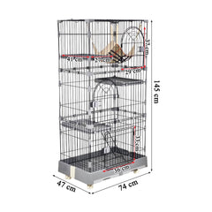 NNC PETS Large Cat Cage Indoor - 3-Tier Metal Wire Cat Crate Kennel with 3 Lockable Doors - Cozy Hammock & Climbing Ladder - Drawer Tray & Universal Wheels, Easy Assembly, 145 cm(Grey, Large)