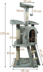Cat Tree with Curved Perches - 125 cm Cat Tower House - Cat Condos & Cat Scratching Post - Dangling Toys - Premium Pet Tree for Indoor Cats & Kittens - Easy to Assemble (Grey)