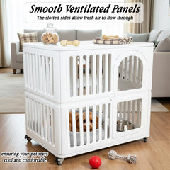 Plastic dog crate for Indoor-Outdoor, Pet kennel with Wheels, Durable and Ventilated, 85 cm Cage for Dog, Cat and Rabbits, Easy to clean, Lockable, Portable, Lockable and Easy to move, (White)