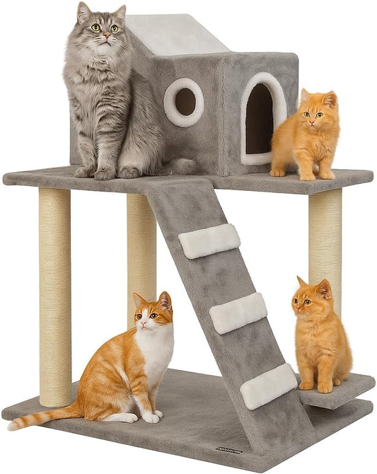 Cat Tree with House Design - 95cm Cat Tower House with Climbing Ladder - Cat Condos & Cat Scratching Post - Premium Pet Tree for Indoor Cats & Kittens - Easy to Assemble (Light Grey)