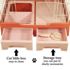 Cat Cage Playpen for Multi-Cat Household, 3-Tier Cat Cage with Cozy Hammock, Wide Platform, Climbing Ladder, Build-in Litter Box & Universal wheels, Ideal for Indoor/Outdoor Use 133 cm (Pink)