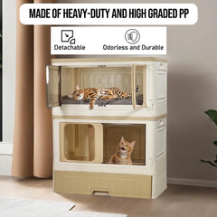 Cat cabinet, Durable 3-layer cat combination litter box with Storage area, Sleeping area, Cat toilet, and Rolling wheels, Durable plastic cat litter box, Ideal for indoor/outdoor use 115 cm