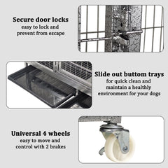 Large dog cage with Open-top design, Lockable door, Removable tray, and Universal wheels, Heavy-duty metal dog cage for medium to large breeds, Suitable for indoor & outdoor use 125 cm (Silver)