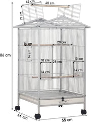 Bird Cage - Bird House & Villa - Parrot Cage for Small to Medium-Sized Birds – 87 cm Durable Metal Birdcage with Wooden Standing Perch, Feeding Cups, Slide-Out Tray, and Universal Wheels
