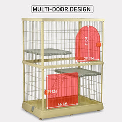 Cat cage for indoor & outdoor, Durable 2-tier metal wire cat cage with 2 lockable doors, Wide platforms, Climbing ladder, and Universal wheels, Suitable for Multi-cat household 120 cm (Yellow)