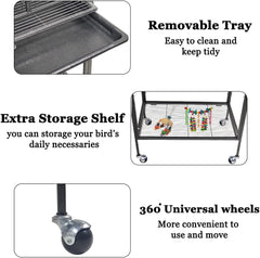 Bird Cage for Small to Medium-Sized Birds - Bird House & Parrot Cage - Detachable Rolling Stand, Wooden Perches, Feeding Cups, Slide-Out Tray, Storage Shelf, and Universal Wheels - 135 cm
