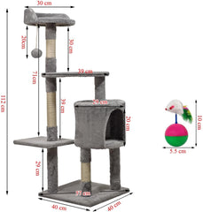 Cat tree activity center for Indoor cats, Multi-level cat tree with Mouse tumbler toy, Top perch, Dangling ball, Sisal scratching post, and Cozy cat condo, Easy to assemble 112 cm (Grey)