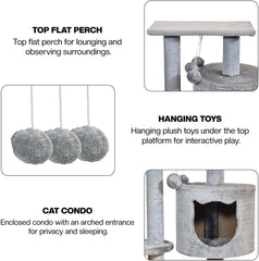 Cat tree for Indoor cats & Kittens, Space-saving cat climbing tower with Elevated perch, Hanging toys, Sisal scratching post, Soft plush condo, and Tunnel bed, Easy to assemble, 90 cm (Grey)