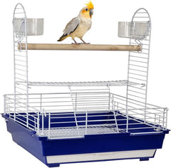 Bird stand for small to medium-sized birds, Interactive bird playground with Wooden perch, Plastic feeding cups, Climbing ladder, and Slide-out tray, Ideal for indoor and outdoor 46 cm (Blue)