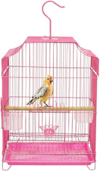 Small Bird Cage with Metal Wire, Ideal for Budgies, Small Parrots, and Parakeets, 45 cm Portable Cage for Indoor-Outdoor, Metal Bird Cage with Hanging, Bottom Tray, Perches, and Feeding Bowls, Pink