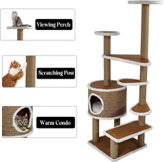 Multi-level cat tree with Double perches, Sisal scratching post, Multiple platforms, and Durable cat condo, Cat climbing tower activity center for indoor cats, Easy to assemble 144 cm (Chocolate)