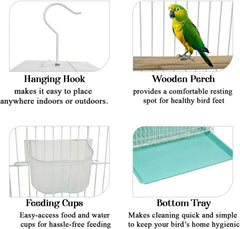 Small Bird Cage with Metal Wire, Ideal for Budgies, Small Parrots, and Parakeets, 45 cm Portable Cage for Indoor-Outdoor, Metal Bird Cage with Hanging, Bottom Tray, Perches, and Feeding Bowls, White