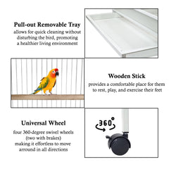 Bird Cage Large with Open-Top Design, Parrots, Parakeet, Macaw | Feeding Bowls & Wooden Perches | Removable Tray & Universal Wheels | Suitable for All Birds