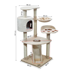 Multi-level Cat Tree for Big Cats | 111cm Cat Tower with Top Perch | Cozy Condo, Soft Hammock & Paw Shape Perch | Indoor Cat Playground with Sisal ladder, Sisal Scratching Posts