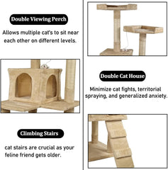 Multi-level cat tree tower with Double perches, Sisal scratching post, Spacious cat condos, and Climbing ladder, Durable cat tree tower for indoor cats, Interactive cat playhouse 170 cm (Beige)