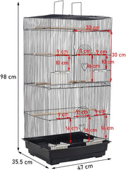 Black Bird Cage - Lightweight Design for Small and Medium Birds with Slide-Out Tray, Feeding Bowls, and Standing Perch (98 cm)
