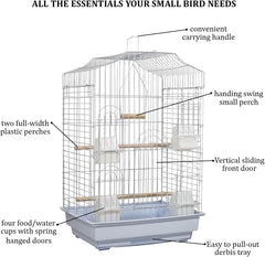 Bird cage for Budgies, Lovebirds, Finches, and Other small birds, Spacious and durable bird cage with Portable handle, Multiple perches, Feeding cups, and Removable tray 79 cm (White)