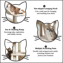 Multi-level Cat Tree for Big Cats | 111cm Cat Tower with Top Perch | Cozy Condo, Soft Hammock & Paw Shape Perch | Indoor Cat Playground with Sisal ladder, Sisal Scratching Posts