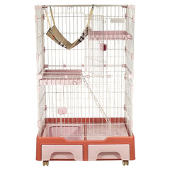 Cat Cage Playpen for Multi-Cat Household, 3-Tier Cat Cage with Cozy Hammock, Wide Platform, Climbing Ladder, Build-in Litter Box & Universal wheels, Ideal for Indoor/Outdoor Use 133 cm (Pink)