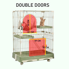 NNC PETS 2-Tier Cat Cage Indoor - Metal Wire Cat Crate Playpen Kennel with 2 Lockable Doors, Climbing ladder, Removable Tray &b Universal Wheels - Easy Assembly, 102 cm(Green, Medium)