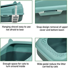 Semi-enclosed cat litter box with Splash-proof design, Sand filter holes, Litter scoop, and Detachable design, Leak-proof & Splash-proof cat toilet for indoor cats, Easy to clean 58 cm