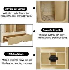 Cat cabinet, Durable 3-layer cat combination litter box with Storage area, Sleeping area, Cat toilet, and Rolling wheels, Durable plastic cat litter box, Ideal for indoor/outdoor use 115 cm