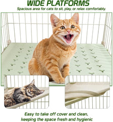 Cat Cage with Rolling Casters, Elevated Lounging Platforms, Secure Locking Doors, and Leak-Proof Base, Heavy-Duty Metal Cat Enclosure for Indoor Cats & Kittens, Easy to Assemble, 101 cm, Green