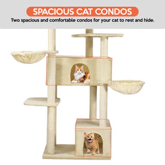 Cat Tree Indoor - 190cm Cat Tower House with Padded Perch - Cat Scratching Post with Double Perches - Cozy Cat Condos & Dangling ball - Ideal for Indoor Cats and Kittens (Beige)