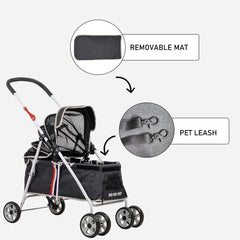Large Dog Stroller | Pet Stroller for Cats & Dogs with Adjustable Canopy & Spacious Interior | Lightweight & Foldable | | Storage Bag & Wheels | Travel & Outdoor Cat Stroller 91cm (Black)