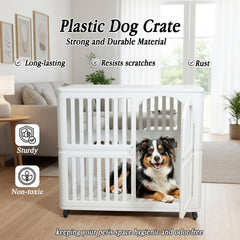 Plastic dog crate for Indoor-Outdoor, Pet kennel with Wheels, Durable and Ventilated, 85 cm Cage for Dog, Cat and Rabbits, Easy to clean, Lockable, Portable, Lockable and Easy to move, (White)