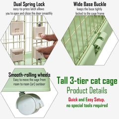 3-Tier Cat Cage with Locking Wheels, Wide Shelves, Multi-Access Door, and Sturdy Metal Wire, 158 cm Cat Playpen for Indoor-Outdoor Use, Durable Pet Crate, Easy to Assemble and Easy to Clean, Green