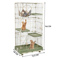 NNC PETS 3-Tier Cat Cage Indoor - Large Metal Cat Crate Kennel with 3 Lockable Doors - Cozy Hammock & Wide Platforms - Climbing Ladder, Drawer Tray & Universal Wheels, 146cm(Green, Large)