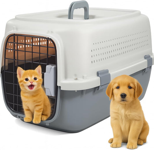 Pet Carrier for Cat & Dog | Cat Carrier with Easy Carry Handle | Metal Front Door & Food Bowl | Sturdy 55 cm Cat Box for Small to Medium Pets | Travel-friendly Indoor & Outdoor Use(Grey)