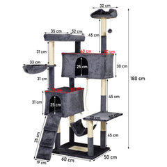 Multi-level Cat Tree Indoor Large - 180cm Cat Tower - Cat Scratching Post with Soft Perches - Dangling Ball and Comfortable Cat Condo, Durable Pet House for Indoor Cats (Dark Grey)