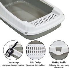 Semi-enclosed Cat litter box for Medium-sized cats, Odor control plastic cat toilet with Litter scoop, Grid design, Lightweight, and Raised fence, Detachable for easy cleaning, 49 cm