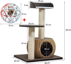 Cat Tree with Double Perches - 86cm Cat Tower House with Toy - Cat Condos & Comfortable Resting Area - Natural Sisal Scratching Post - Suitable for Indoor Cats & Kittens (Brown)