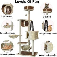 Multi-level cat tree tower with Perch, Dangling ball, Sisal scratching post, Cat tunnel, Cozy hammock, Durable cat condo, and Large hammock, Cat tree activity center for indoor cats 156 cm (Beige)
