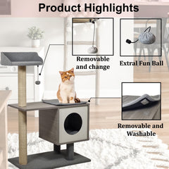 Cat tree scratching post cat self grooming brush with cat toys, Plush ball, Cat tree for indoor cats. Grey (98cm)