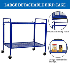 Bird Cage for Small to Medium-Sized Birds - Bird House & Parrot Cage - Detachable Rolling Stand, Wooden Perches, Feeding Cups, Slide-Out Tray, Storage Shelf, and Universal Wheels - 135 cm