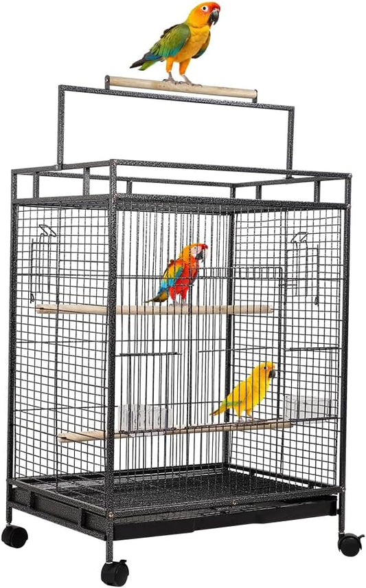 Wrought Iron with Wooden Handle Perch for Open Play Top Bird Cage Black - 95 cm | Rolling Stand for Birds | Bird Villa Macaw Cage | Universal Wheels | Cage for Small Medium Large Birds