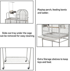 Bird Cage - Wrought Iron Stainless Steel with Storage Shelves White Lovebirds Cage and 4 Feeding Bowls - 160 cm | Toy Hooks above the Top Bird Perch | Perch for Birds | Food Container