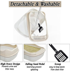 Anti-splash cat litter box with Enclosed design, Easy to clean, Durable plastic material and Removable, Cat Litter Pan with Scoop, Portable, Large size, High fence, and All size cats