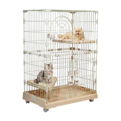 Cat Cage with Rolling Casters, Elevated Lounging Platforms, Secure Locking Doors, and Leak-Proof Base, Heavy-Duty Metal Cat Enclosure for Indoor Cats & Kittens, Easy to Assemble, 101 cm, Beige