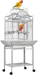 Large bird cage for Parrots, Macaws, Parakeets, and Other birds, Heavy-duty metal bird cage with Open-top area, Food bowls, Slide-out tray, Storage shelf, and Universal wheels 146 cm (Grey)