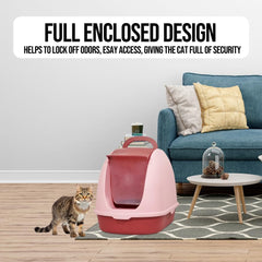 Fully-enclosed cat litter box with Portable handel, Flip cover entrance, Litter scoop, and Detachable design, Durable plastic cat toilet, Ideal for indoor/outdoor use, Easy to clean 38 cm