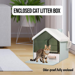 Cat Litter Box with House-Shaped Design - Drawer-Type, Transparent Door, Enclosed Cat Litter Scoop & Cleaning Mat – Splash-Proof & Odor-Control Cat Toilet Box, Easy to Clean