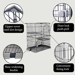 NNC PETS Cat Cage Kennel with 2-lockable Doors - 2-Tiier Metal Wire Pet Cat House Playpen for Indoor Cats - Cozy Hammock, Climbing Ladder, Drawer Tray & Universal Wheels, Easy Assembly (Grey, 88 cm)