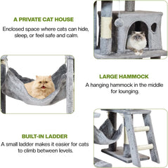 Cat tree with Padded perch, Sisal scratching post, Cozy hammock, Cat condo, and climbing ladder, Modern cat climbing tower for Indoor cats & Kittens, Easy assembly, 143 cm (Grey)