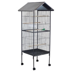 Bird cage with House-roof design, Wooden perches, Feeding Cups, Slide-out tray, and Universal wheels, Durable cat cage for Parrots, Cockatiel, and Budgies, Easy to assemble, 135 cm (Black)
